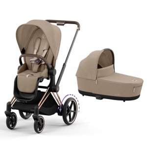 Poussette duo e-priam 2 cozy beige châssis rose gold + nacelle luxe Cybex
