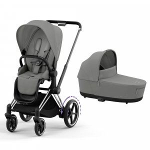 Poussette duo e-priam 2 mirage grey châssis chrome black + nacelle luxe Cybex