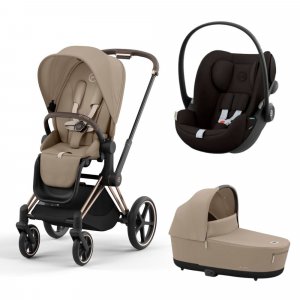 Poussette trio priam 4 cozy beige châssis rose gold + cloud g i-size + nacelle luxe Cybex