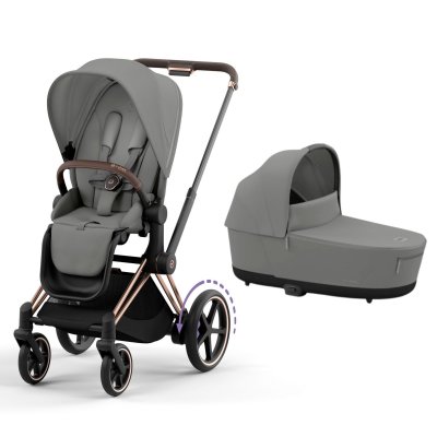 Poussette duo e-priam 2 mirage grey châssis rose gold + nacelle luxe