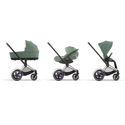Poussette duo e-priam 2 leaf green châssis rose gold + nacelle luxe