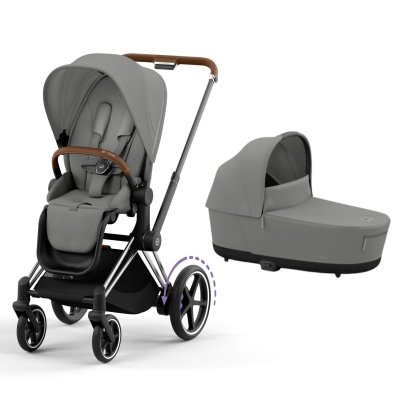 Poussette duo e-priam 2 mirage grey châssis chrome brown + nacelle luxe