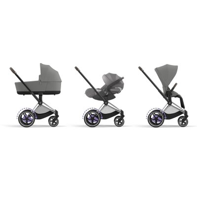 Poussette duo e-priam 2 mirage grey châssis chrome brown + nacelle luxe