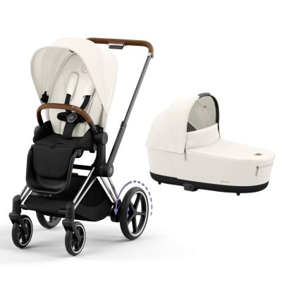 Poussette duo e-priam 2 off white châssis chrome brown + nacelle luxe