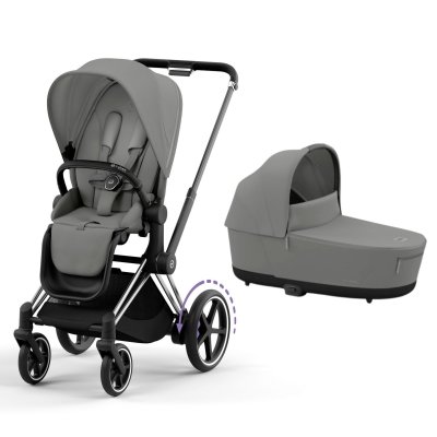 Poussette duo e-priam 2 mirage grey châssis chrome black + nacelle luxe