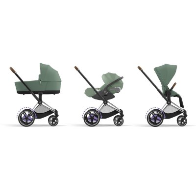 Poussette duo e-priam 2 leaf green châssis chrome brown + nacelle luxe