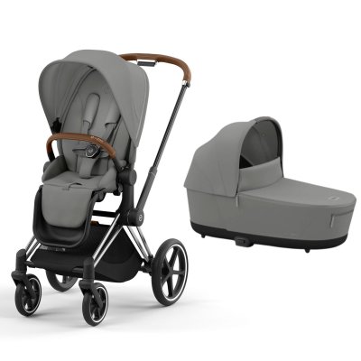 Poussette duo priam 4 mirage grey châssis chrome brown + nacelle luxe