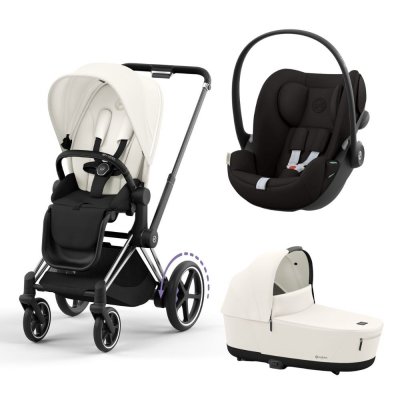 Poussette trio e-priam 2 off white châssis chrome black + cloud g i-size + nacelle