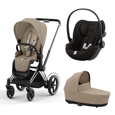 Poussette trio e-priam 2 cozy beige châssis chrome black + cloud g i-size + nacelle