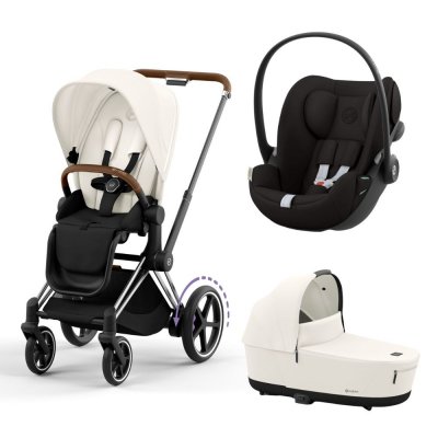 Poussette trio e-priam 2 off white châssis chrome brown + cloud g i-size + nacelle