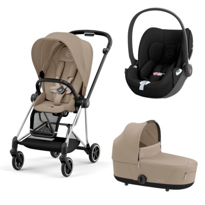 Poussette trio mios 3 cozy beige châssis chrome black + cloud t i-size + nacelle luxe