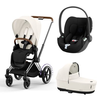 Poussette trio e-priam 2 off white châssis chrome brown + cloud t i-size + nacelle