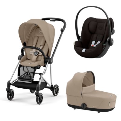 Poussette trio mios 3 cozy beige châssis chrome black + cloud g i-size + nacelle luxe