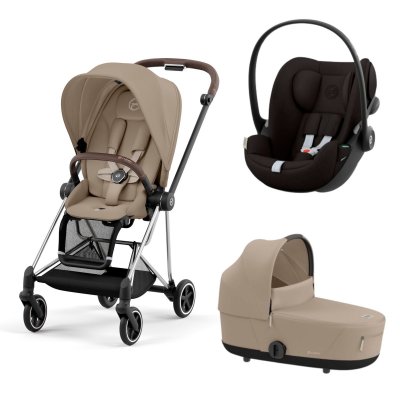 Poussette trio mios 3 cozy beige châssis chrome brown + cloud g i-size + nacelle luxe