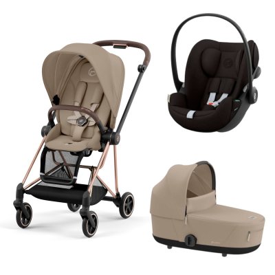Poussette trio mios 3 cozy beige châssis rose gold + cloud g i-size + nacelle luxe