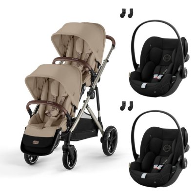 Poussette jumeaux gazelle s almond beige + 2 sièges auto cloud g i-size