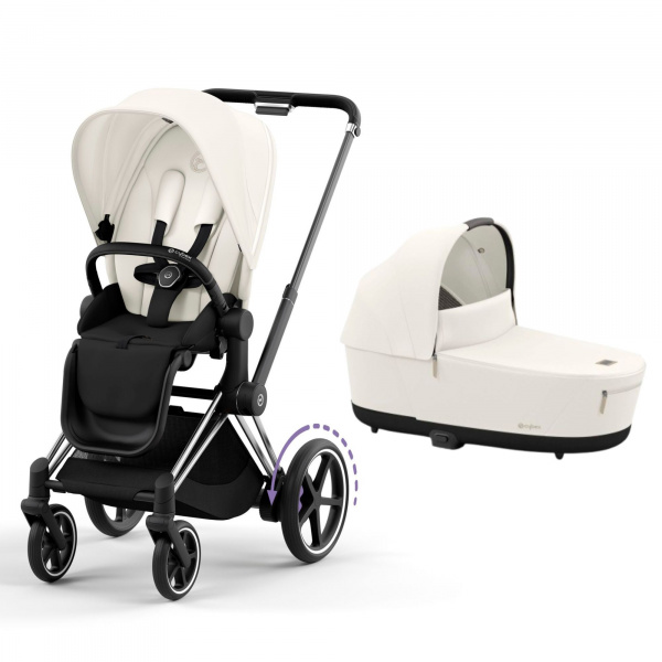 Poussette duo e-priam 2 off white châssis chrome black + nacelle luxe Cybex