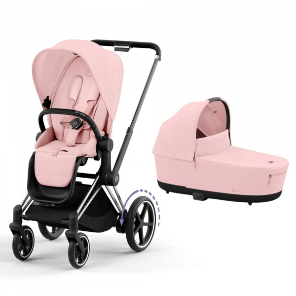 Poussette duo e-priam 2 peach pink châssis chrome black + nacelle luxe Cybex