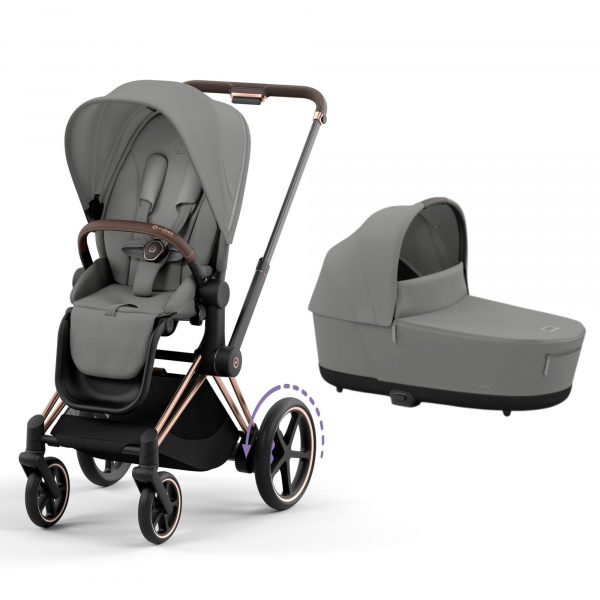 Poussette duo e-priam 2 mirage grey châssis rose gold + nacelle luxe Cybex