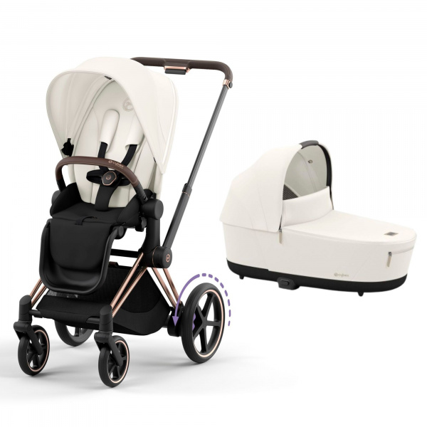 Poussette duo e-priam 2 off white châssis rose gold + nacelle luxe Cybex