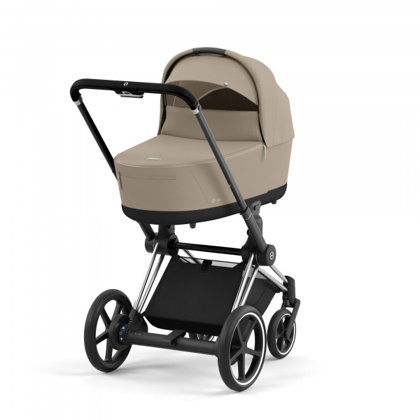 Poussette duo e-priam 2 cozy beige châssis chrome black + nacelle luxe Cybex