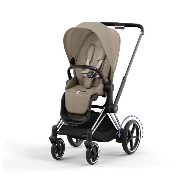 Poussette duo e-priam 2 cozy beige châssis chrome black + nacelle luxe Cybex