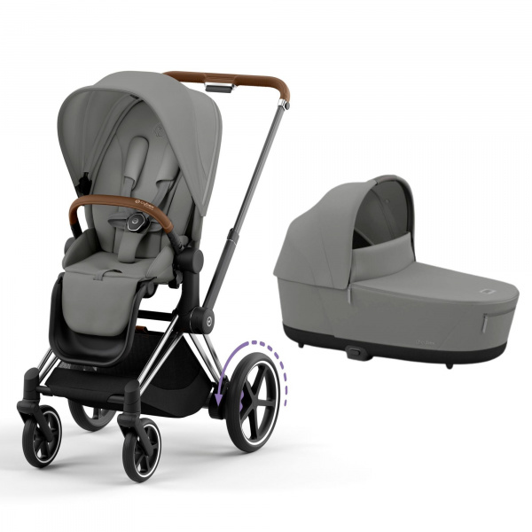 Poussette duo e-priam 2 mirage grey châssis chrome brown + nacelle luxe Cybex