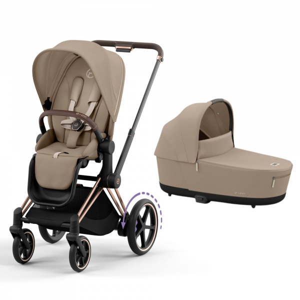 Poussette duo e-priam 2 cozy beige châssis rose gold + nacelle luxe Cybex