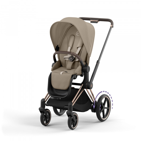 Poussette duo e-priam 2 cozy beige châssis rose gold + nacelle luxe Cybex