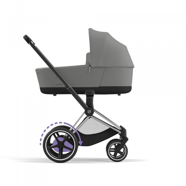 Poussette duo e-priam 2 mirage grey châssis chrome black + nacelle luxe Cybex