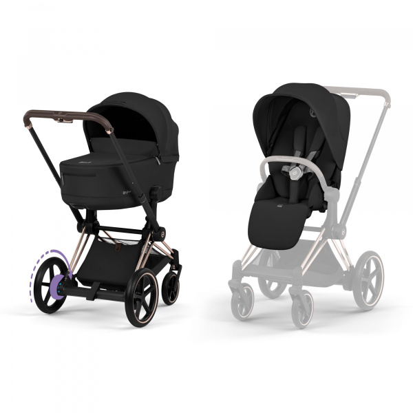 Poussette duo électrique e-priam 3 avec nacelle pliable châssis rosegold sepia black Cybex