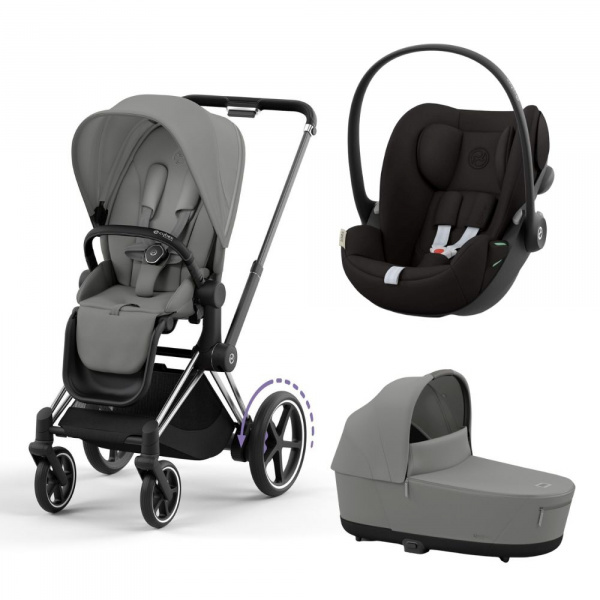 Poussette trio e-priam 2 mirage grey châssis chrome black + cloud g i-size + nacelle Cybex