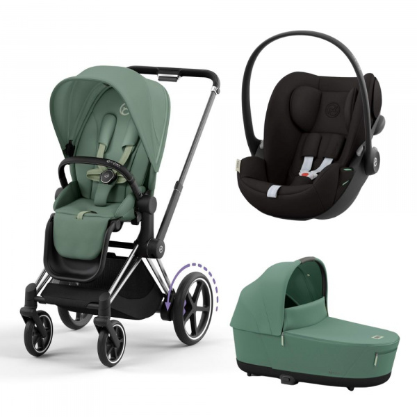 Poussette trio e-priam 2 leaf green châssis chrome black + cloud g i-size + nacelle Cybex