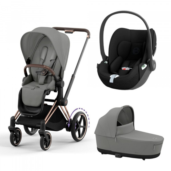 Poussette trio e-priam 2 mirage grey châssis rose gold + cloud t i-size + nacelle Cybex