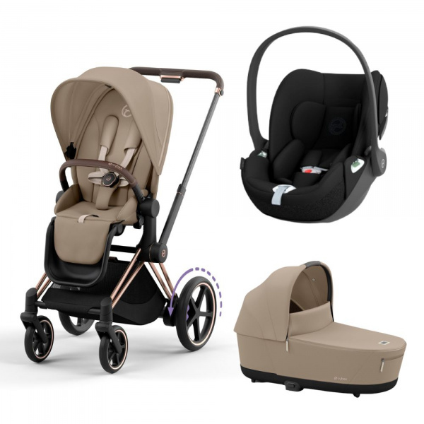 Poussette trio e-priam 2 cozy beige châssis rose gold + cloud t i-size + nacelle Cybex