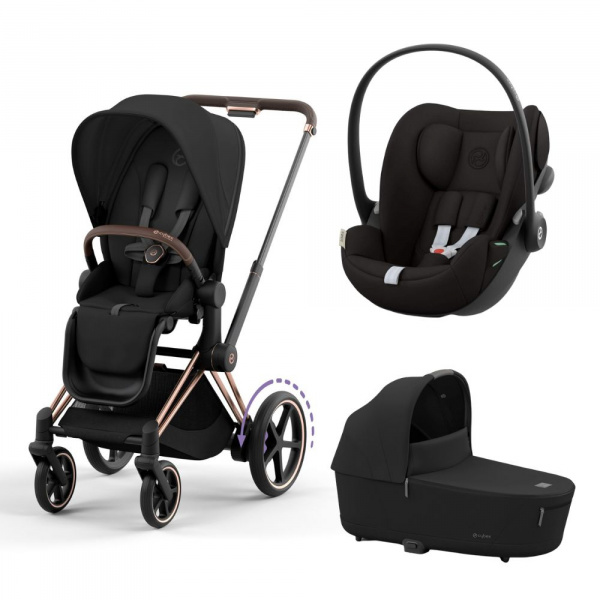 Poussette trio e-priam 2 sepia black châssis rose gold + cloud g i-size + nacelle Cybex