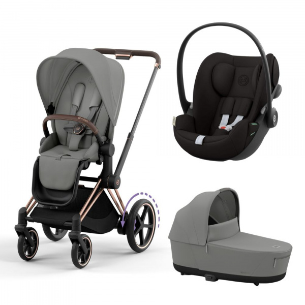 Poussette trio e-priam 2 sepia black châssis rose gold + cloud g i-size + nacelle Cybex