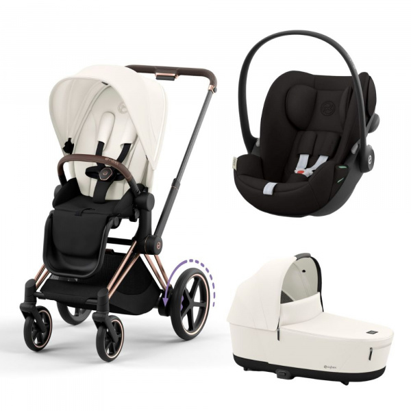 Poussette trio e-priam 2 sepia black châssis rose gold + cloud g i-size + nacelle Cybex