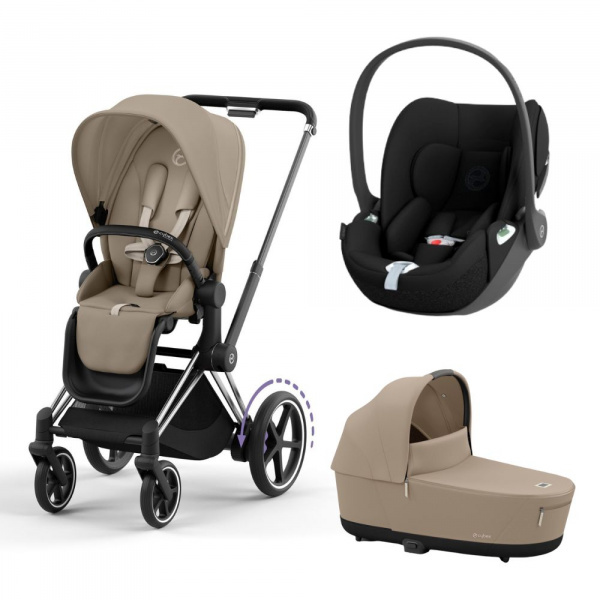 Poussette trio e-priam 2 cozy beige châssis chrome black + cloud t i-size + nacelle Cybex