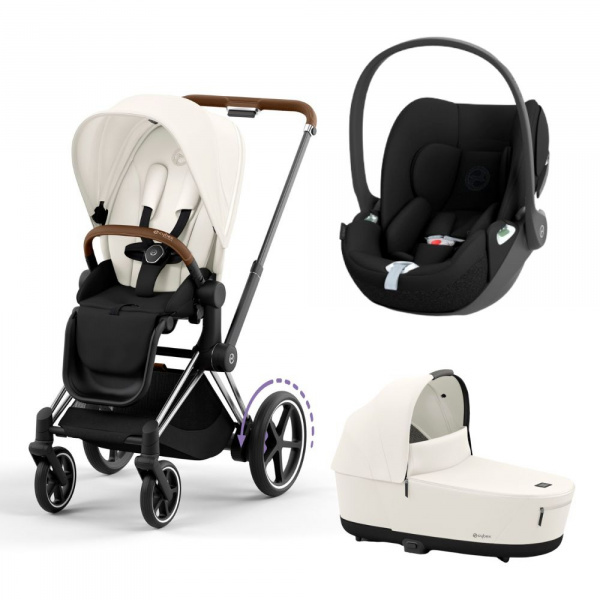 Poussette trio e-priam 2 off white châssis chrome brown + cloud t i-size + nacelle Cybex