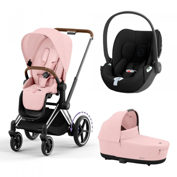 Poussette trio e-priam 2 peach pink châssis chrome brown + cloud t i-size + nacelle Cybex