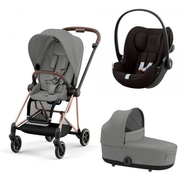 Poussette trio mios 3 mirage grey châssis rose gold + cloud g i-size + nacelle luxe Cybex