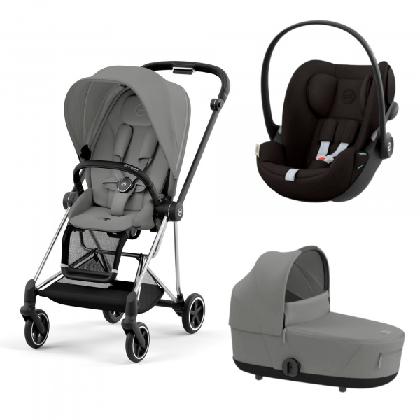 Poussette trio mios 3 mirage grey châssis chrome black + cloud g i-size + nacelle luxe Cybex
