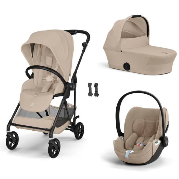 Poussette trio melio carbon 6 almond beige avec siège auto cloud t i-size tissu plus et nacelle Cybex