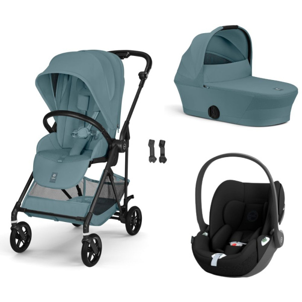 Poussette trio melio carbon 6 stormy blue avec siège auto cloud t i-size et nacelle Cybex