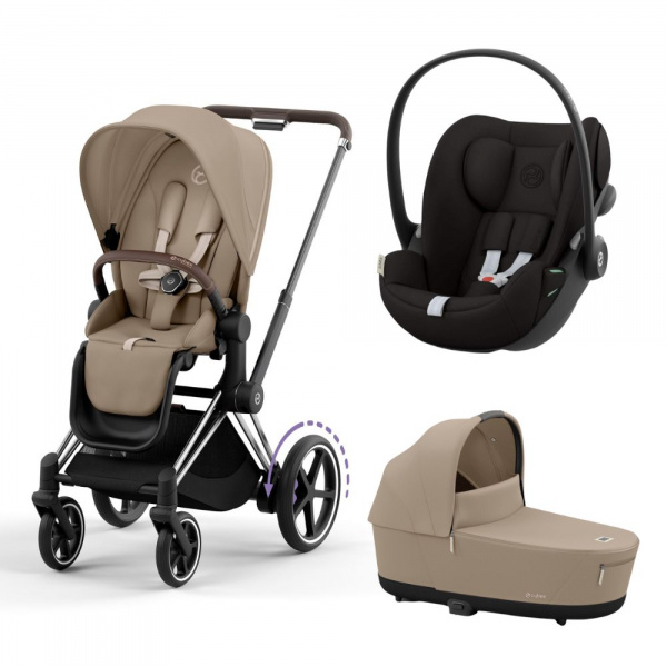 Poussette trio e-priam 2 cozy beige châssis chrome brown + cloud g i-size + nacelle Cybex