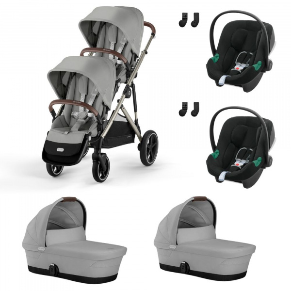 Poussette jumeaux gazelle s stone grey + 2 sièges auto aton b2 i-size + 2 nacelles s Cybex