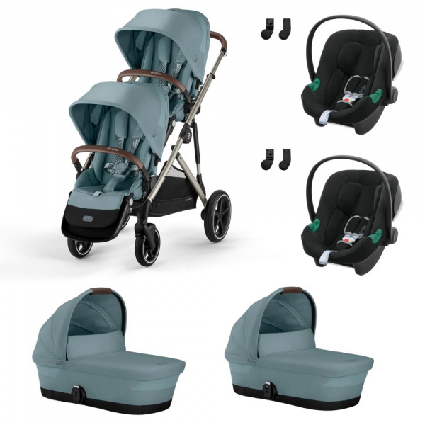 Poussette jumeaux gazelle s stormy blue + 2 sièges auto aton b2 i-size + 2 nacelles s Cybex