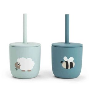 Lot de 2 gobelets à paille en silicone tiny farm bleu Done by deer