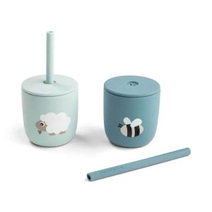 Lot de 2 gobelets à paille en silicone tiny farm bleu Done by deer